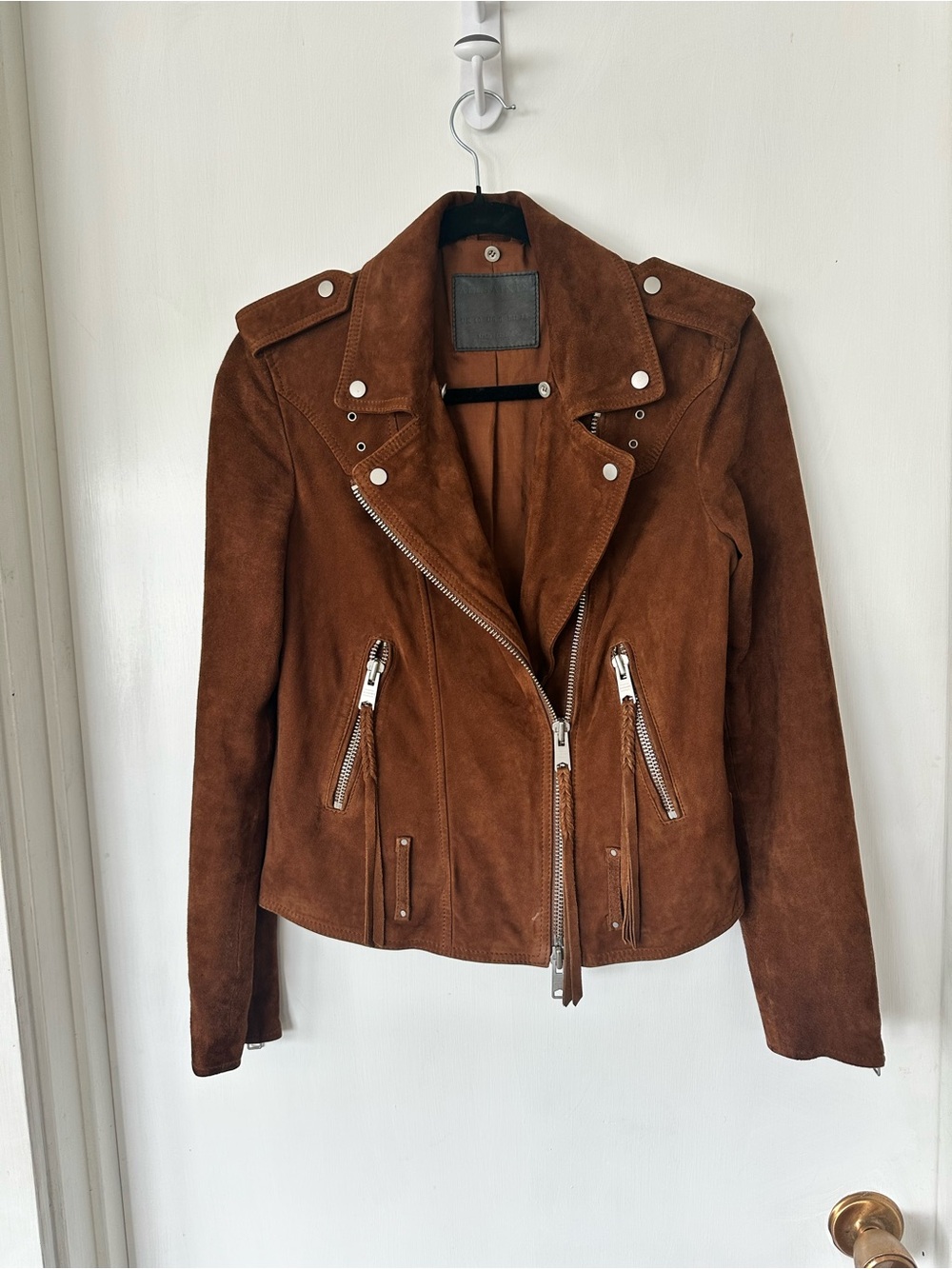 AllSaints Brown Suede Plait Western Biker Leather Jacket Size 6